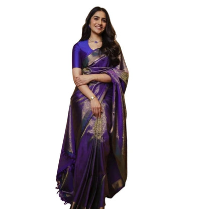Generic Women's Silk Printed Saree With Unstitched Blouse 5.5Mtr (Purple)