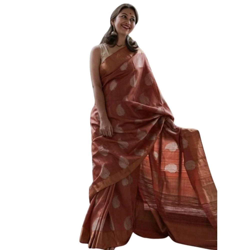 Generic Women's Silk Printed Saree With Unstitched Blouse 5.5Mtr (Maroon)
