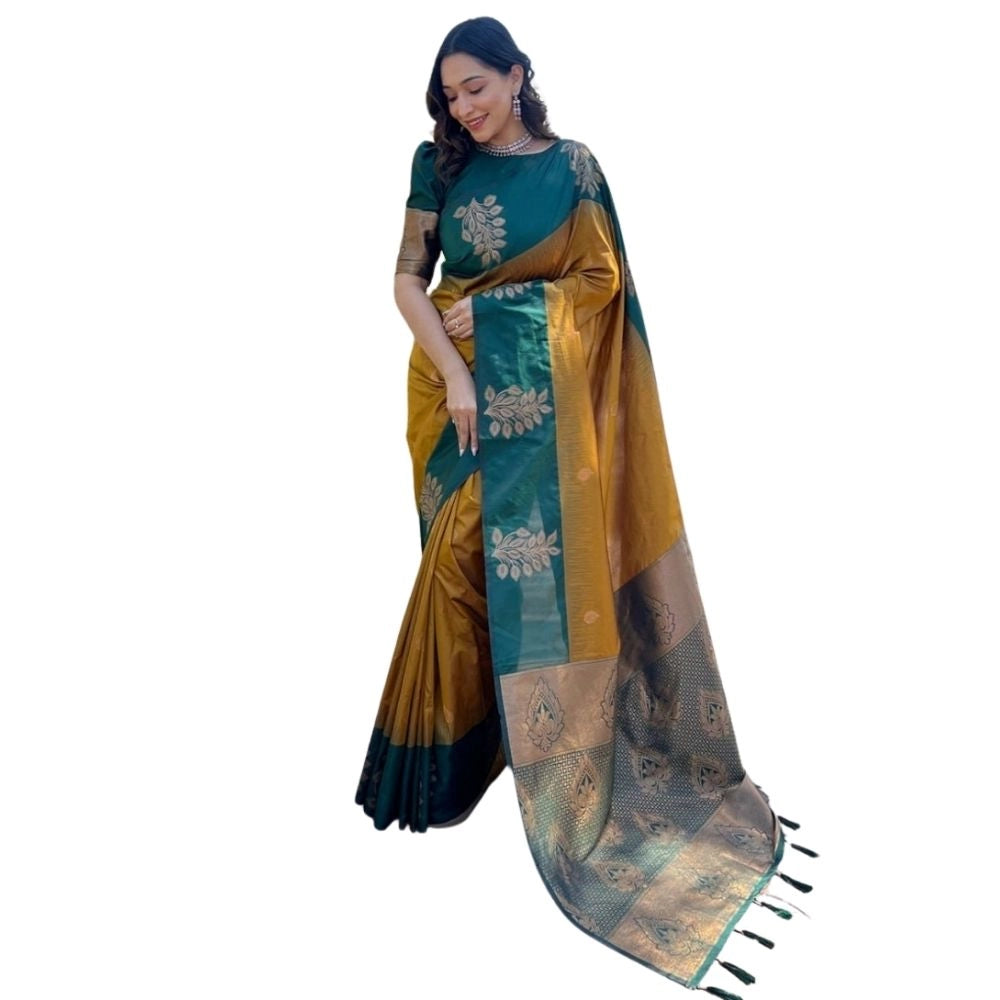 Generic Women's Silk Printed Saree With Unstitched Blouse 5.5Mtr (Yellow)