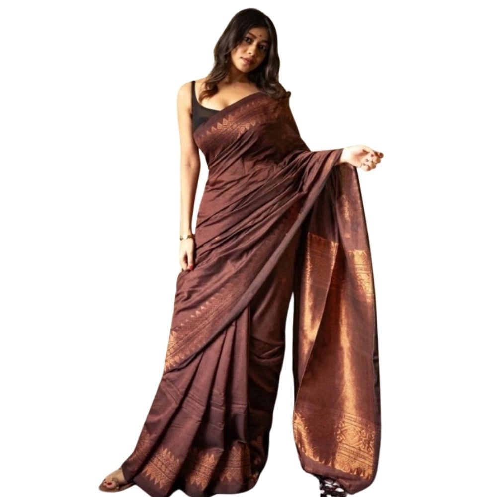 Generic Women's Silk Printed Saree With Unstitched Blouse 5.5Mtr (Coffee)