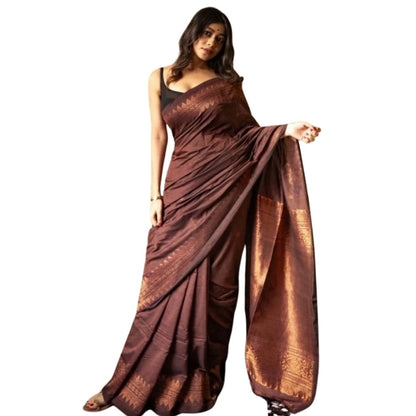 Generic Women's Silk Printed Saree With Unstitched Blouse 5.5Mtr (Coffee)
