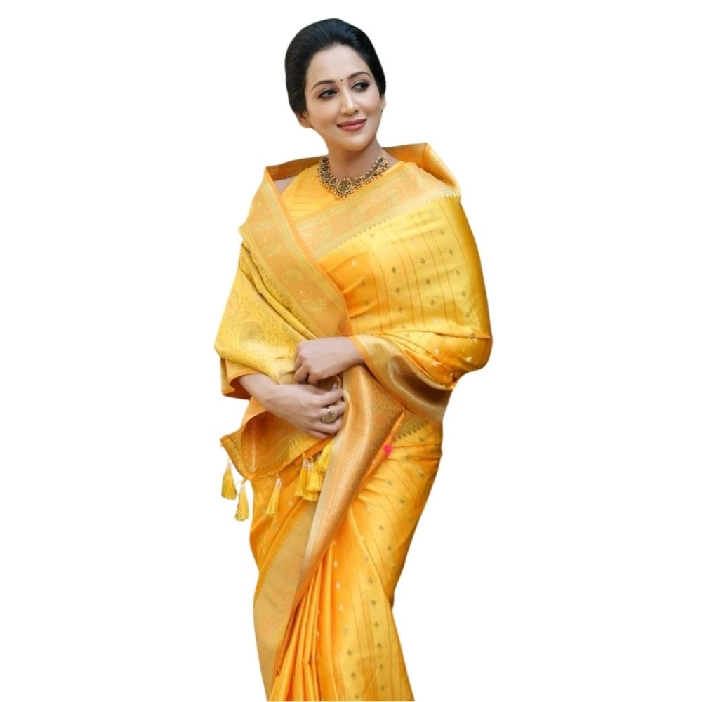 Generic Women's Silk Printed Saree With Unstitched Blouse 5.5Mtr (Yellow)