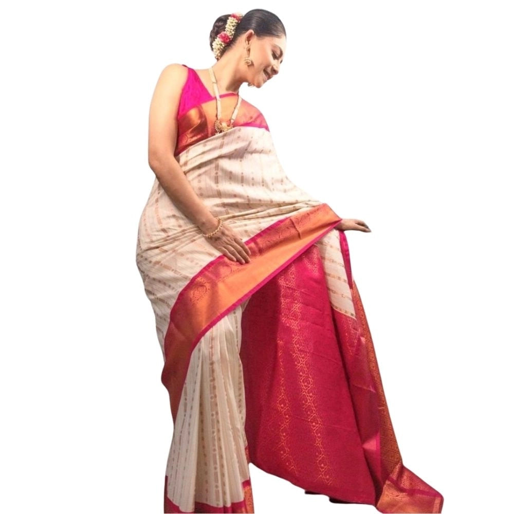 Generic Women's Silk Printed Saree With Unstitched Blouse 5.5Mtr (White-Pink)