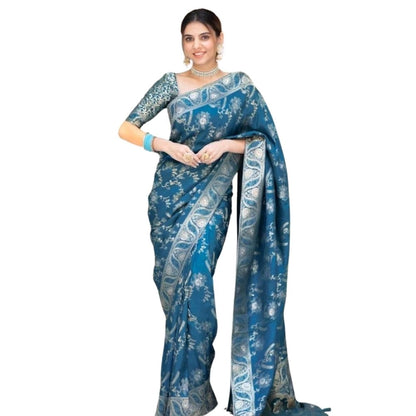 Generic Women's Silk Printed Saree With Unstitched Blouse 5.5Mtr (Teal Blue)