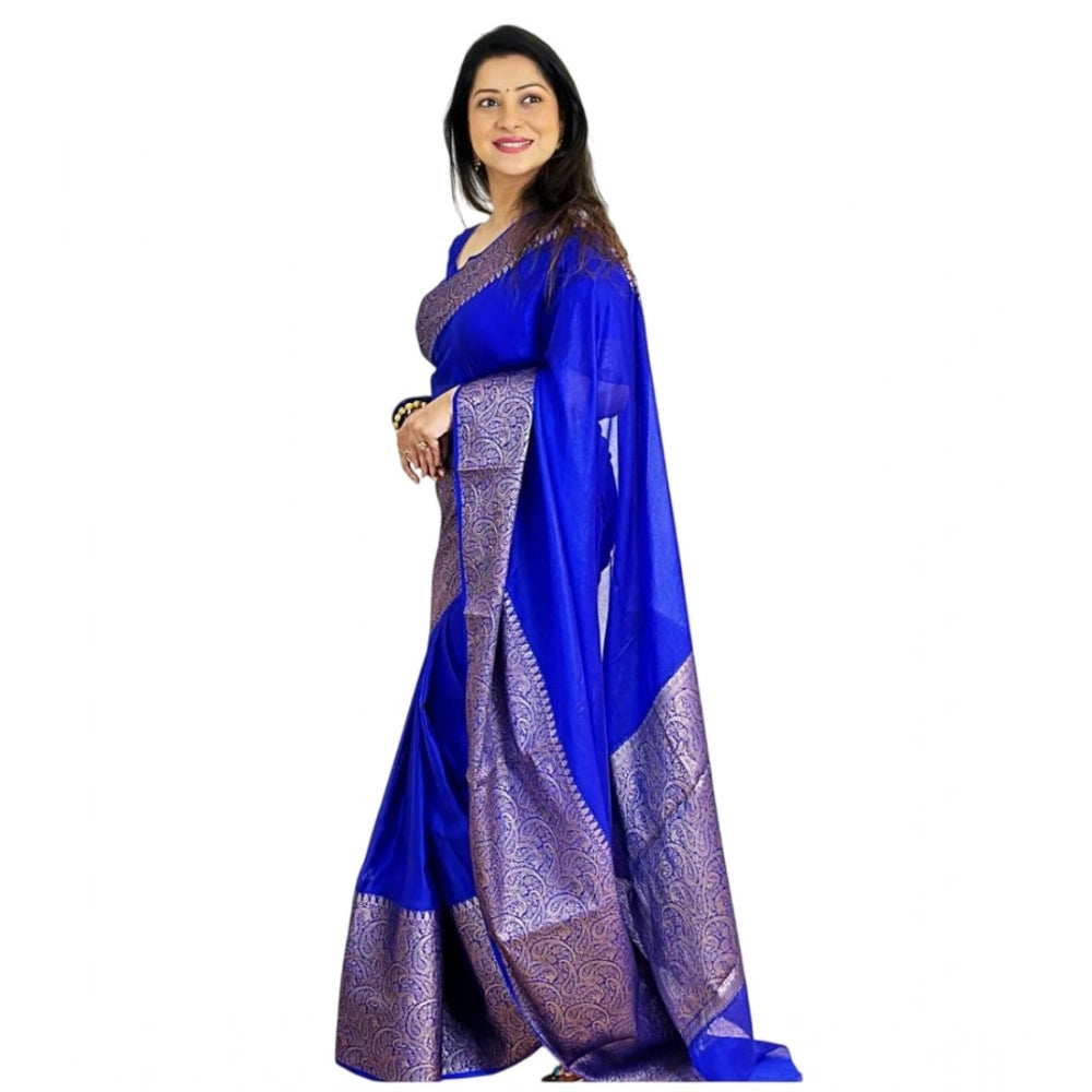 Generic Women's Soft Lichi Silk Solid Saree With Unstitched Blouse 5.5Mtr (Blue)