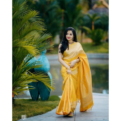 Generic Women's Soft Lichi Silk Printed Saree With Unstitched Blouse 5.5Mtr (Yellow)