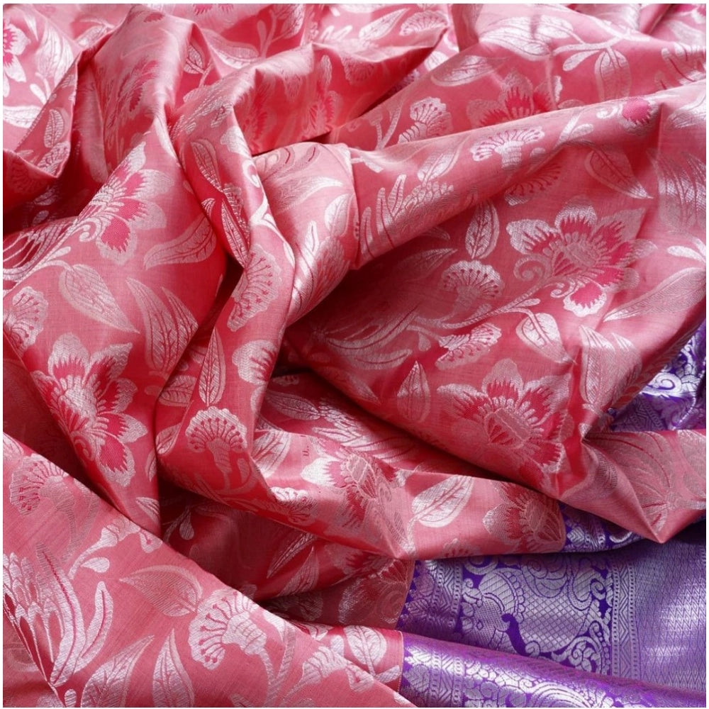 Generic Women's Soft Lichi Silk Printed Saree With Unstitched Blouse 5.5Mtr (Purple)