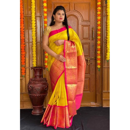 Generic Women's Soft Lichi Silk Printed Saree With Unstitched Blouse 5.5Mtr (Yellow)