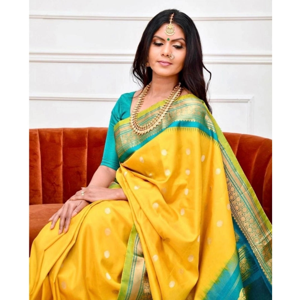 Generic Women's Soft Lichi Silk Printed Saree With Unstitched Blouse 5.5Mtr (Yellow)