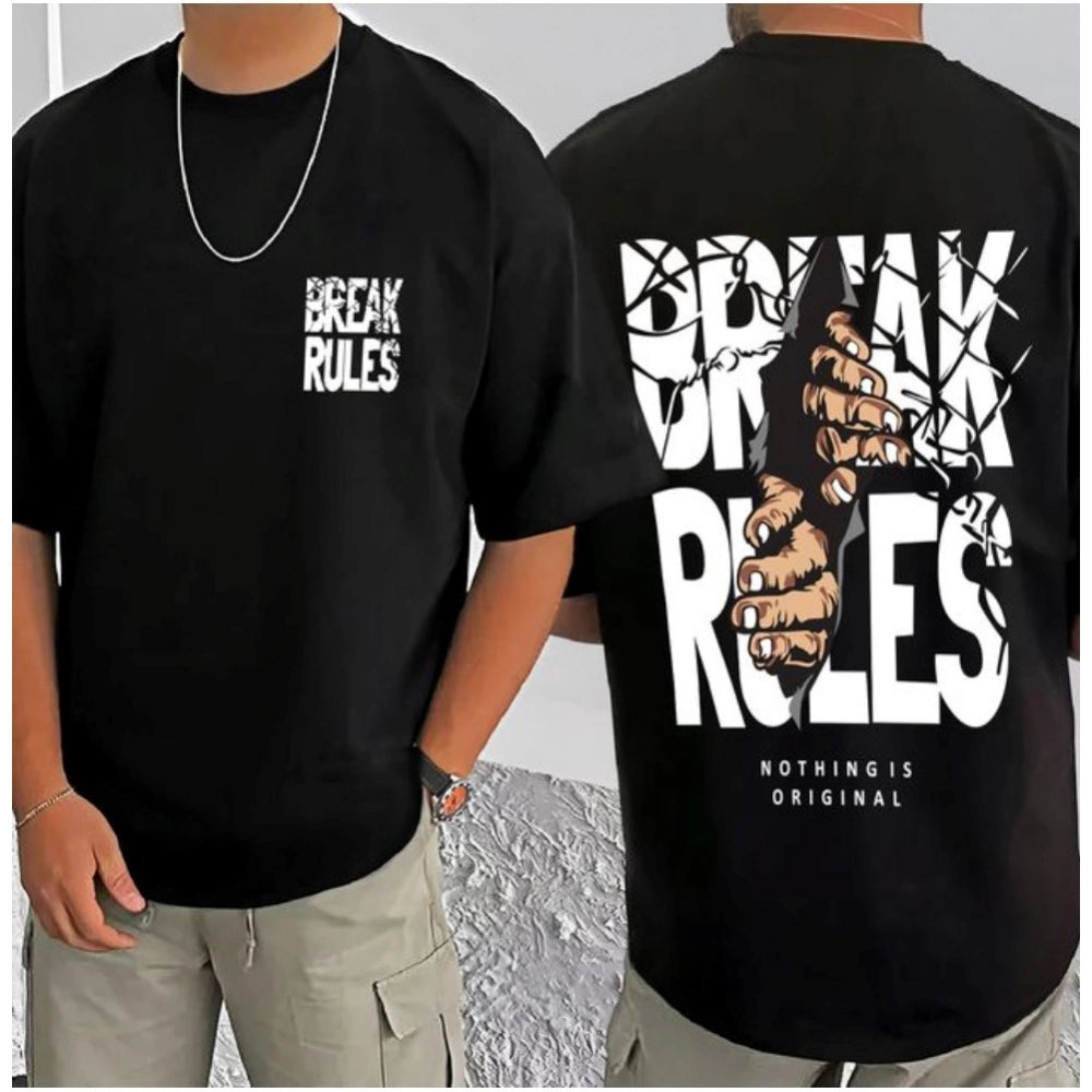 Generic Men's Casual Cotton Blend Printed Round Neck Half Sleeve T-Shirt (Black)