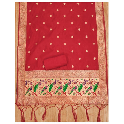 Generic Women's Banarasi Silk Printed Unstitched Salwar Suit Material With Dupatta (Red, 3Mtrs)