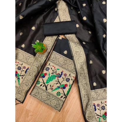 Generic Women's Banarasi Silk Printed Unstitched Salwar Suit Material With Dupatta (Black, 3Mtrs)