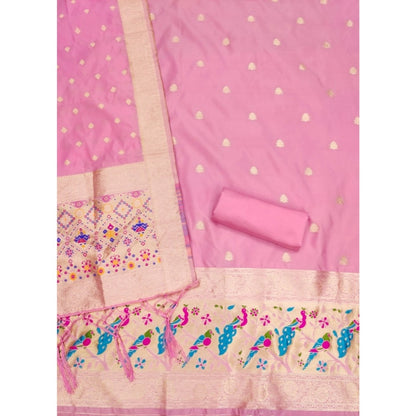 Generic Women's Banarasi Silk Printed Unstitched Salwar Suit Material With Dupatta (Light Pink, 3Mtrs)