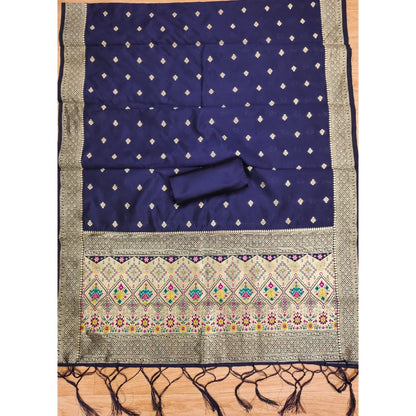 Generic Women's Banarasi Silk Printed Unstitched Salwar Suit Material With Dupatta (Navy Blue, 3Mtrs)