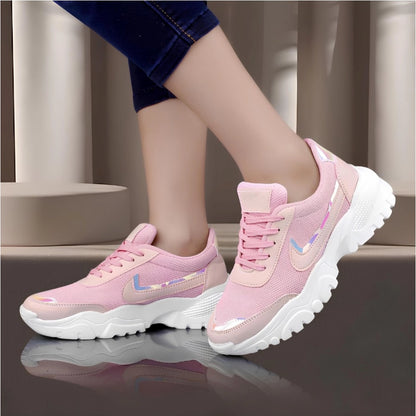 Generic Women's Casual Mesh Printed Lace-Ups Shoes (Pink)