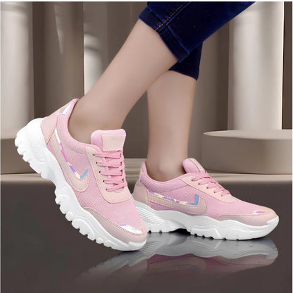 Generic Women's Casual Mesh Printed Lace-Ups Shoes (Pink)