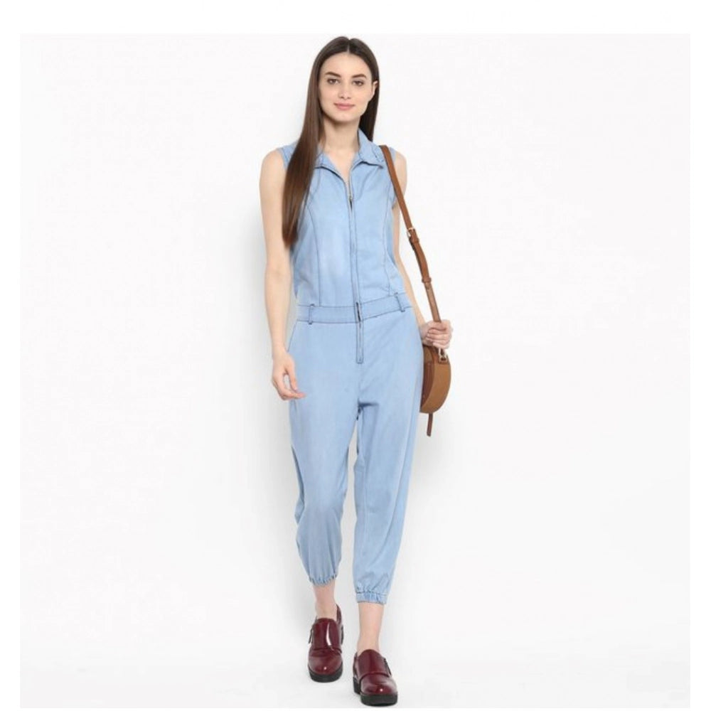 Generic Women's Denim Solid Sleeveless Jumpsuit (Blue)