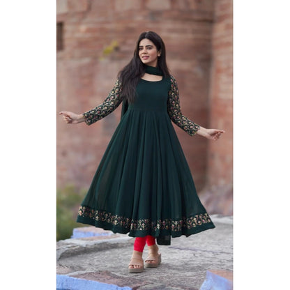 Generic Women's Georgette Embroidery 3-4th Sleeve Round Neck Kurti with Dupatta Set (Green)