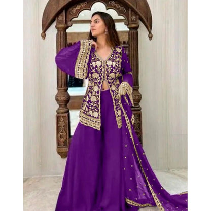 Generic Women's Georgette Embroidery 3-4th Sleeve V-Neck Kurti, Palazzo And Dupatta Set (Purple)