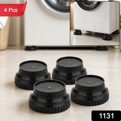 Four black plastic appliance stands on a tiled floor with a washing machine, red "4 Pcs" and black "1131" labels.