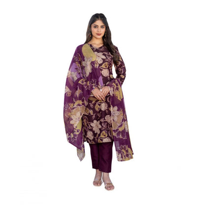 Generic Women's Cotton Blend Printed Kurti With Pant Dupatta Set (Purple)