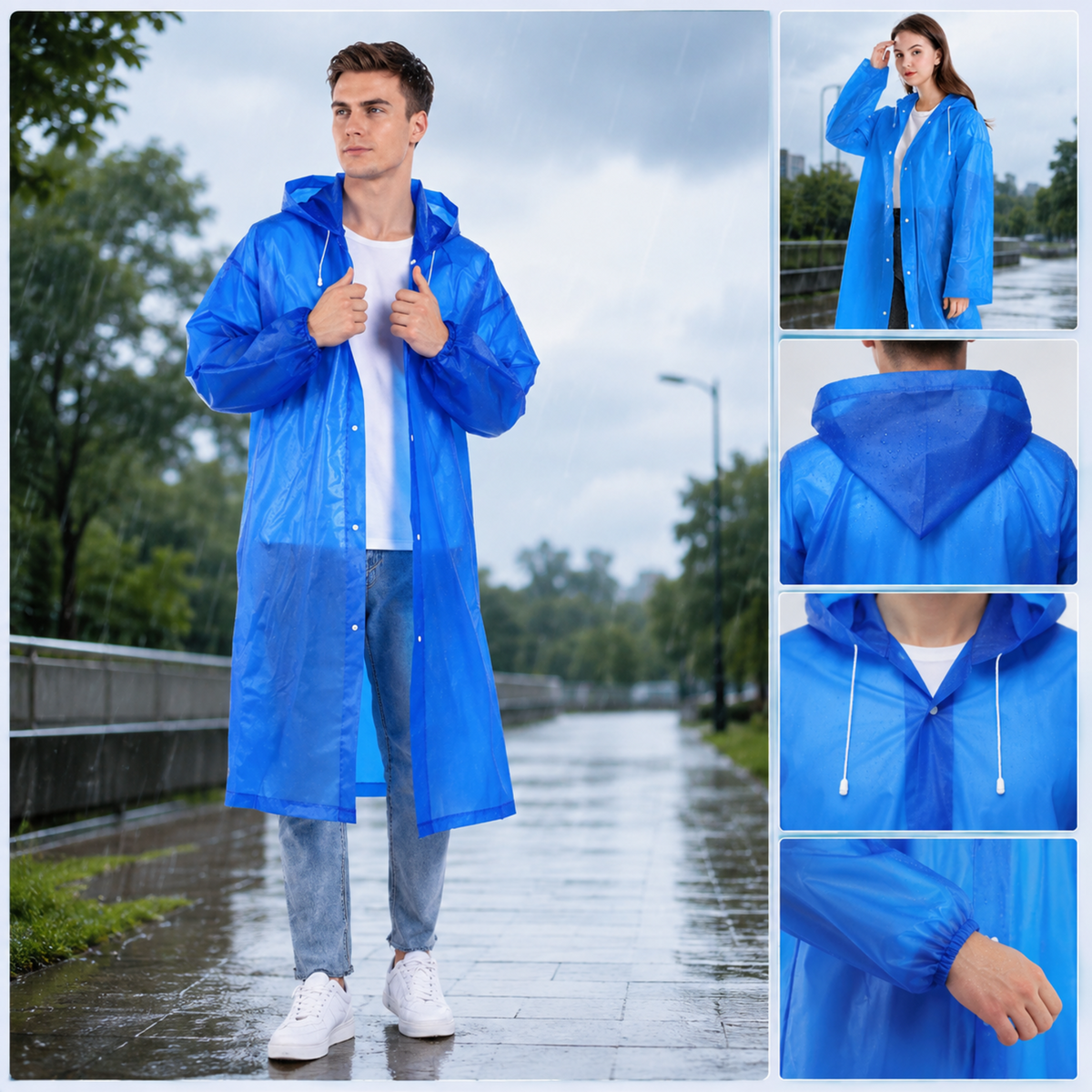 A man wearing a translucent blue EVA raincoat with a hood, standing on a wet street in the rain.