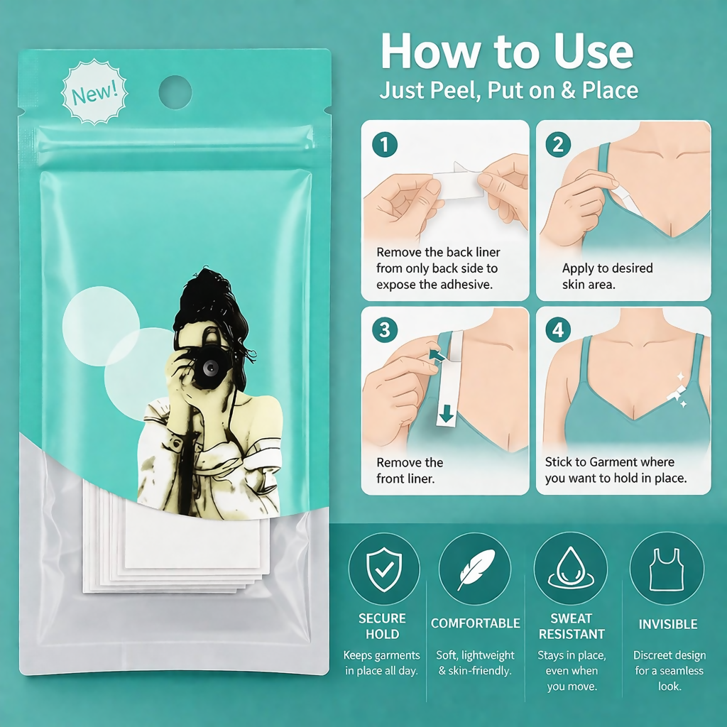 Double sided clothing tape strips on transparent sheet ensuring invisible adhesion