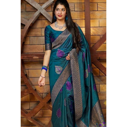 Generic Women's Litchi silk Printed Saree With Unstitched Blouse (Rama Blue)