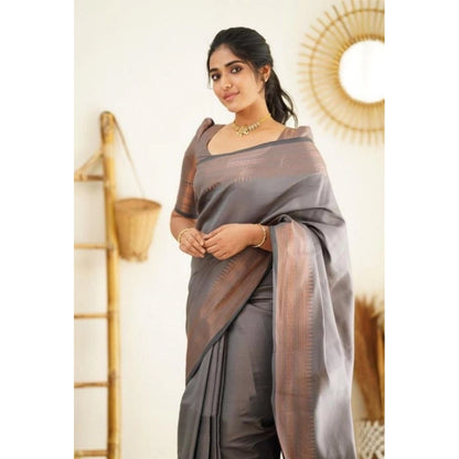 Generic Women's Litchi silk Printed Saree With Unstitched Blouse (Grey)