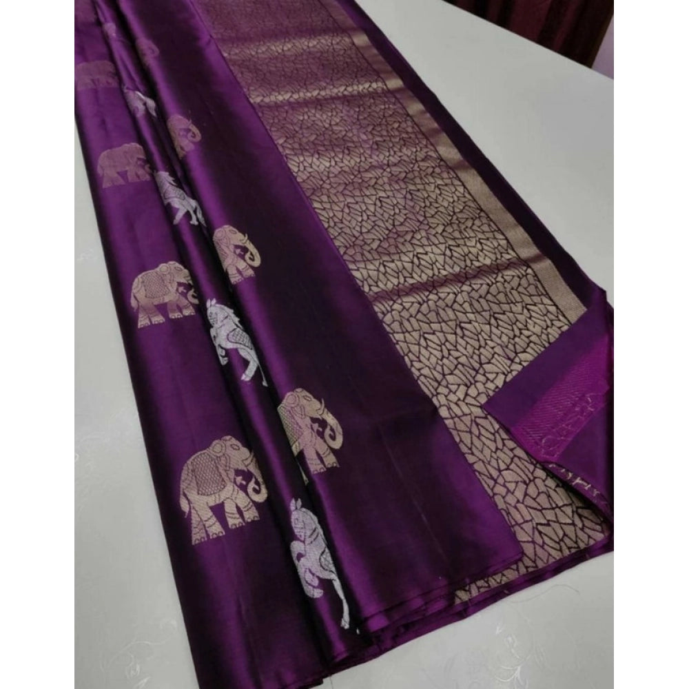 Generic Women's Litchi silk Printed Saree With Unstitched Blouse (Magenta With pink)
