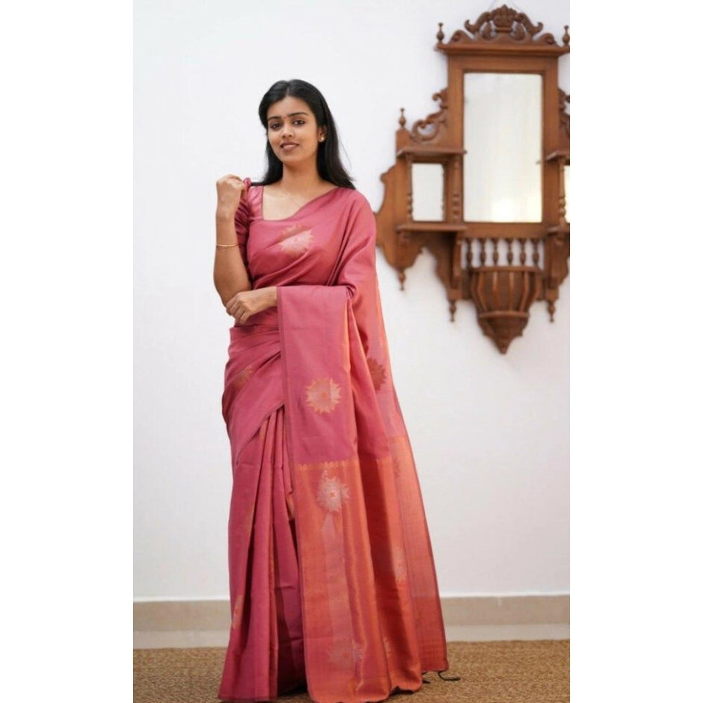 Generic Women's Litchi silk Printed Saree With Unstitched Blouse (Peach)