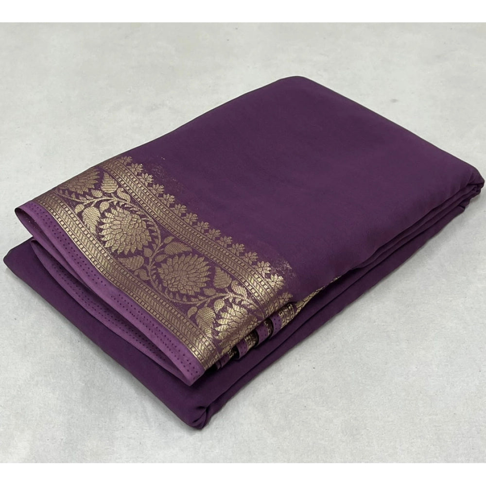 Generic Women's Crepe Chit Pallu Solid Saree With Unstitched Blouse 5.5Mtr (Purple)