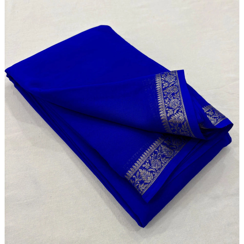 Generic Women's Crepe Chit Pallu Solid Saree With Unstitched Blouse 5.5Mtr (Blue)
