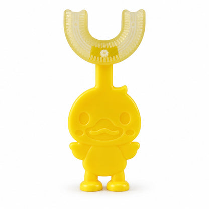 A bright yellow duck-shaped U-shaped toothbrush with translucent bristles on a pure white background.