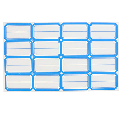 A sheet of blue-bordered rectangular label stickers with blank white centers is shown against a white background.