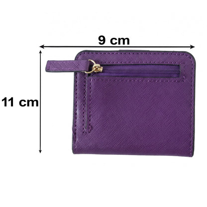 A closed purple bifold wallet with a gold-zippered coin pouch on the back, showing dimensions of 9 cm width and 11 cm height.