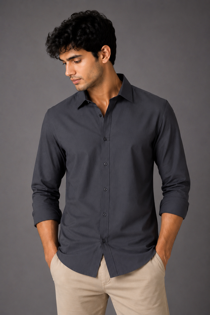 Men's Premium 100% Cotton Plain Full Sleeve Shirt | Heavy Stiff Collar & Cuff | Enzyme Washed | Laffer Peach Fabric