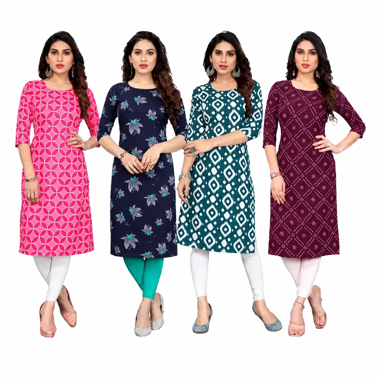 Women's Long American Crepe Kurti | Printed Casual Ethnic Wear | Random Design