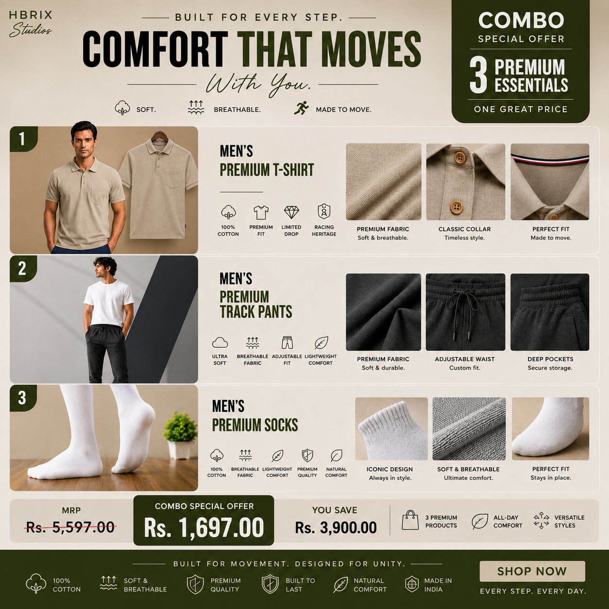 Men's Premium Cotton Track Pants | Zip Pockets | Cuffless
