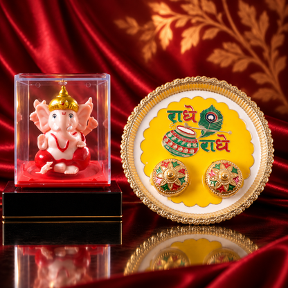 A gold-rimmed white and yellow pooja thali with Radhe Radhe text and two small containers sits on a dark surface beside a