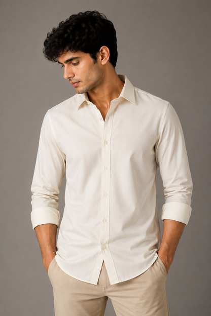Men's Premium 100% Cotton Plain Full Sleeve Shirt | Heavy Stiff Collar & Cuff | Enzyme Washed | Laffer Peach Fabric