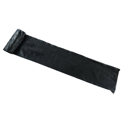 A long, unrolled black plastic garbage bag with a slight diagonal tilt on a white background.
