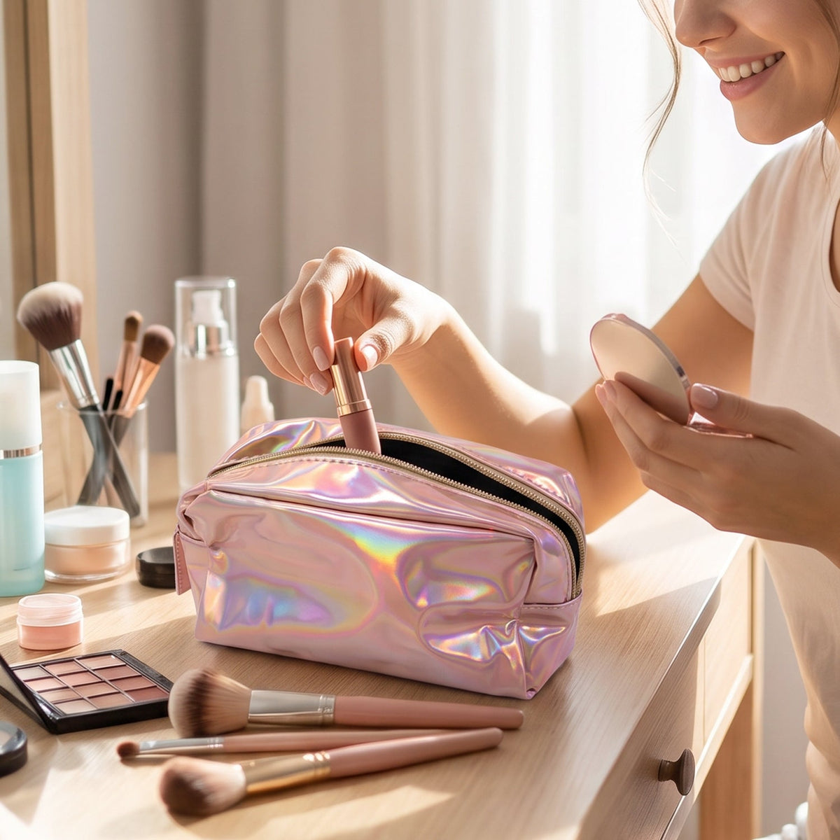 A holographic pink makeup bag is shown from a top-down view on a white background.