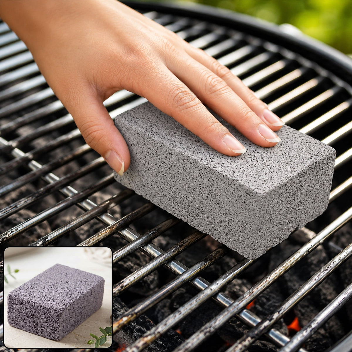 A hand holding a gray cleaning block, scrubbing a dirty metal grill grate with hot coals visible below.