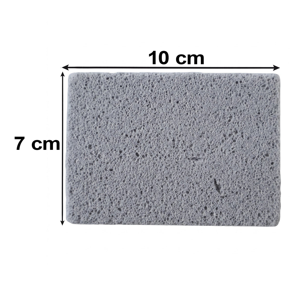 A gray cleaning block with dimensions of 10 cm length and 7 cm width indicated by black arrows and text.