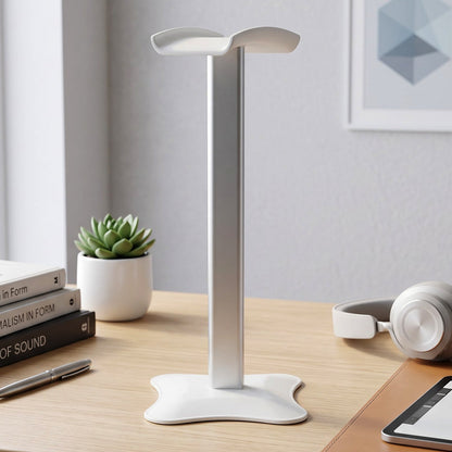 Silver headphone stand with a white base on a wooden desk, next to books and a small potted succulent.