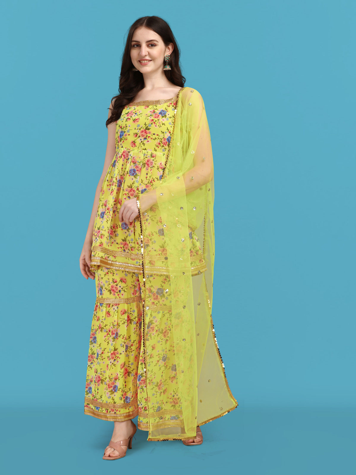 Women's Premium 3-Piece Sharara Suit Set with Inner Lining | Embroidered Ethnic Kurta, Sharara & Dupatta | M to XXL | 5-6 Colors Available