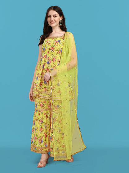 Women's Premium 3-Piece Sharara Suit Set with Inner Lining | Embroidered Ethnic Kurta, Sharara & Dupatta | M to XXL | 5-6 Colors Available