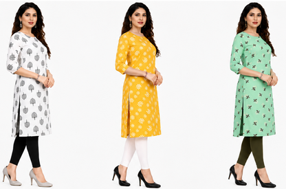 Women's Long American Crepe Kurti | Printed Casual Ethnic Wear | Random Design