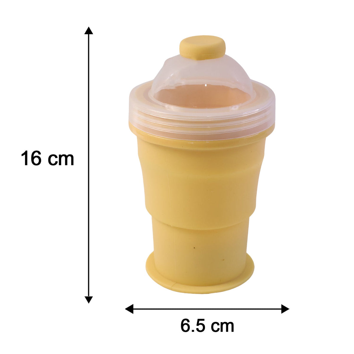 A yellow silicone cup with a clear dome lid and straw, displaying its dimensions of 16 cm height and 6.5 cm width.